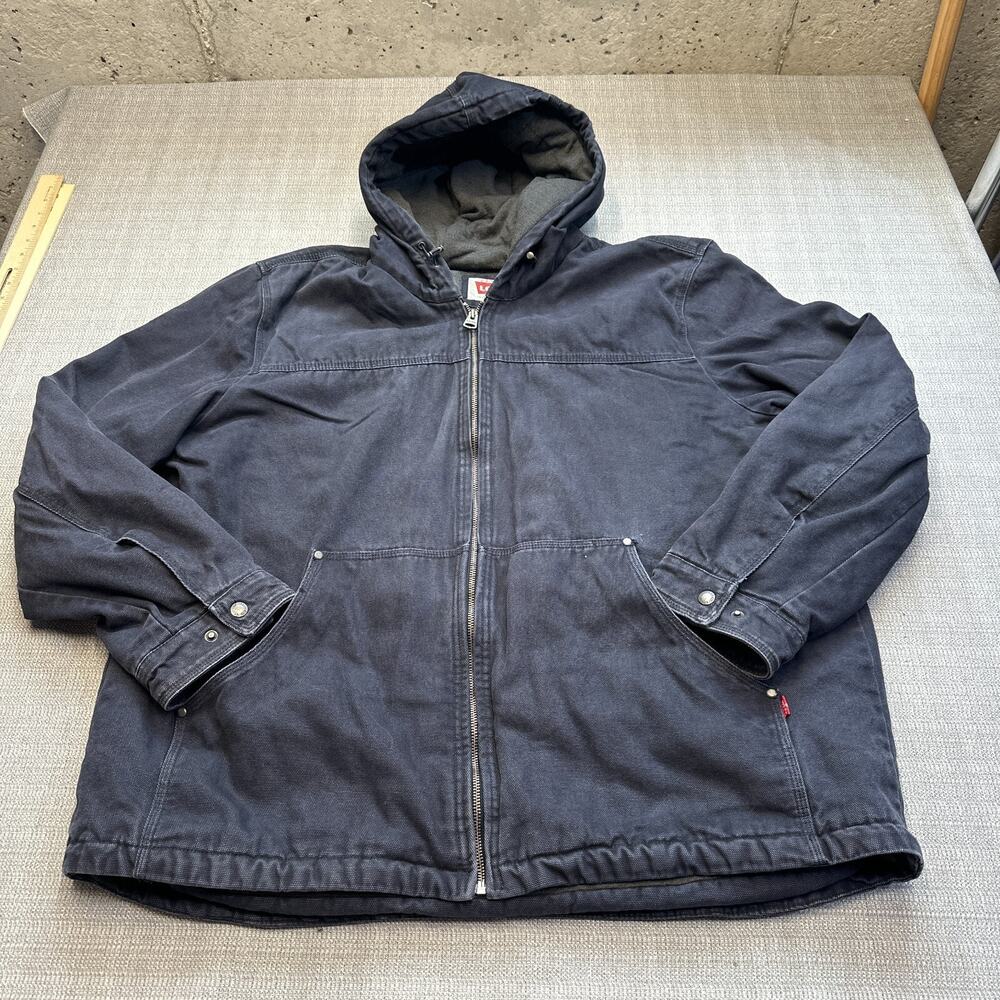 Levis Canvas Jacket Mens XXL Blue Hooded‎ Work Full Zip Lined Utility Rugged *